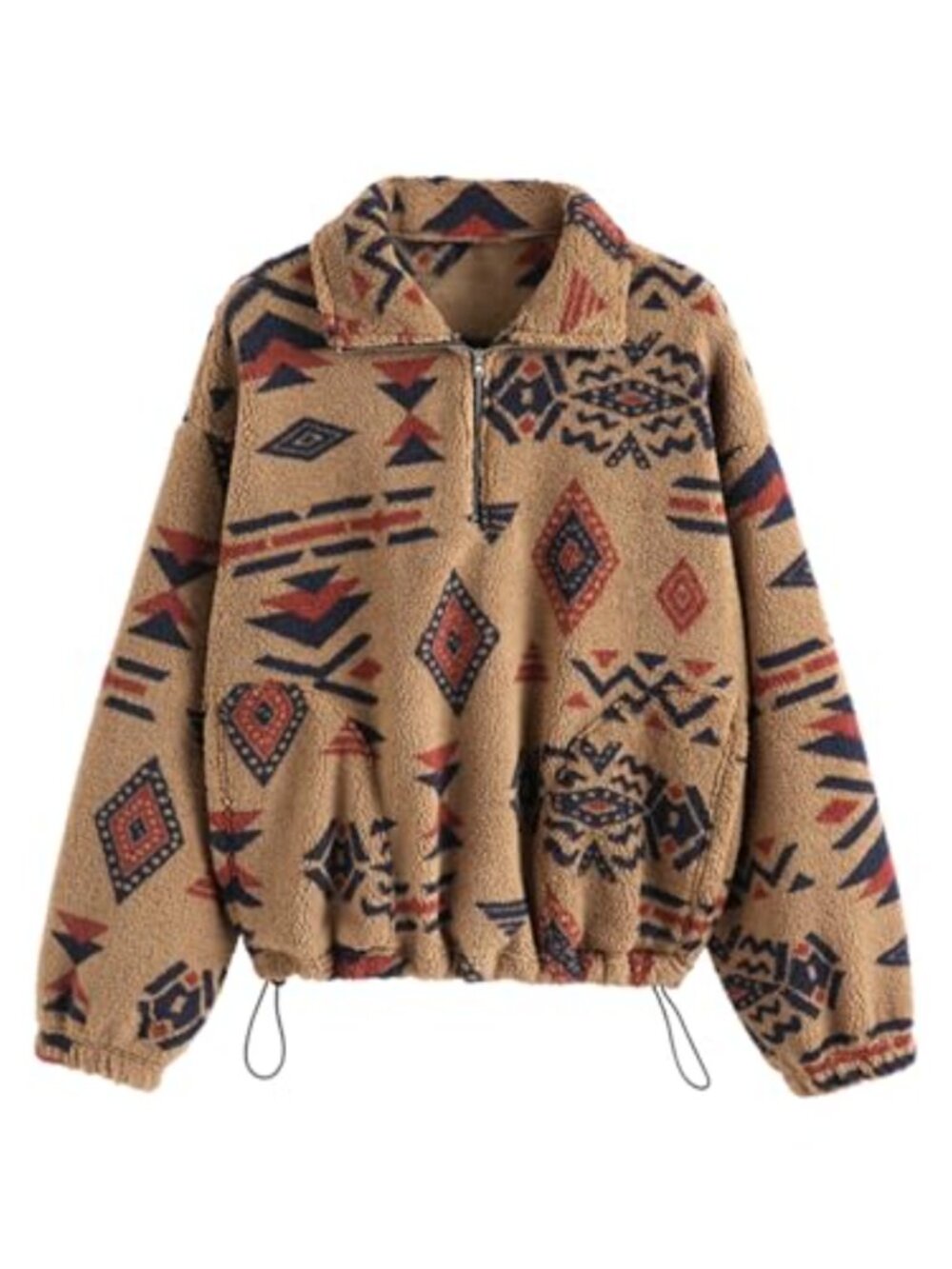 Women's Faux Fur Crop Sweatshirt Quarter Zip Pullover Aztec Ethnic Print Pockets